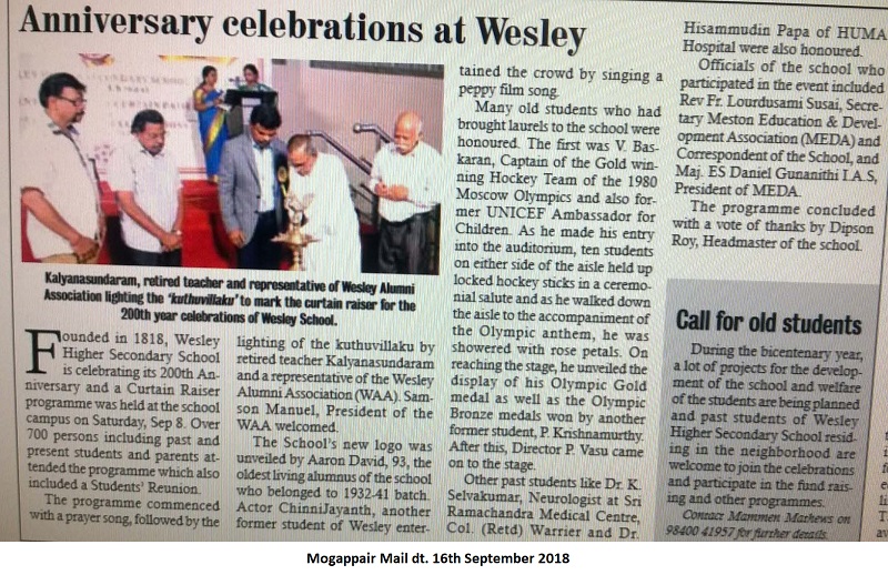 Wesley School Alumni Reunion on 8th September 2018